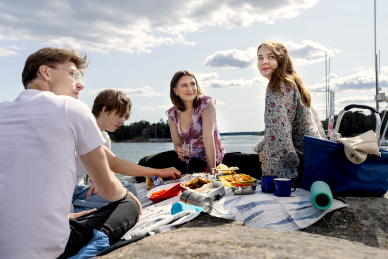 neljä nuorta piknikillä rantakalliolla