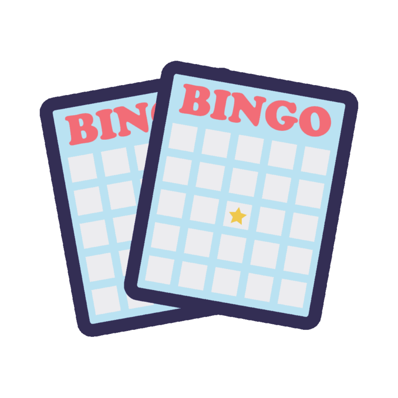 Kaksi päällekkäin olevaa bingokorttia, joissa yläreunassa punainen BINGO-otsikko ja vaaleansiniset ruudukkokentät, joista yhdessä yksi keltainen tähti.