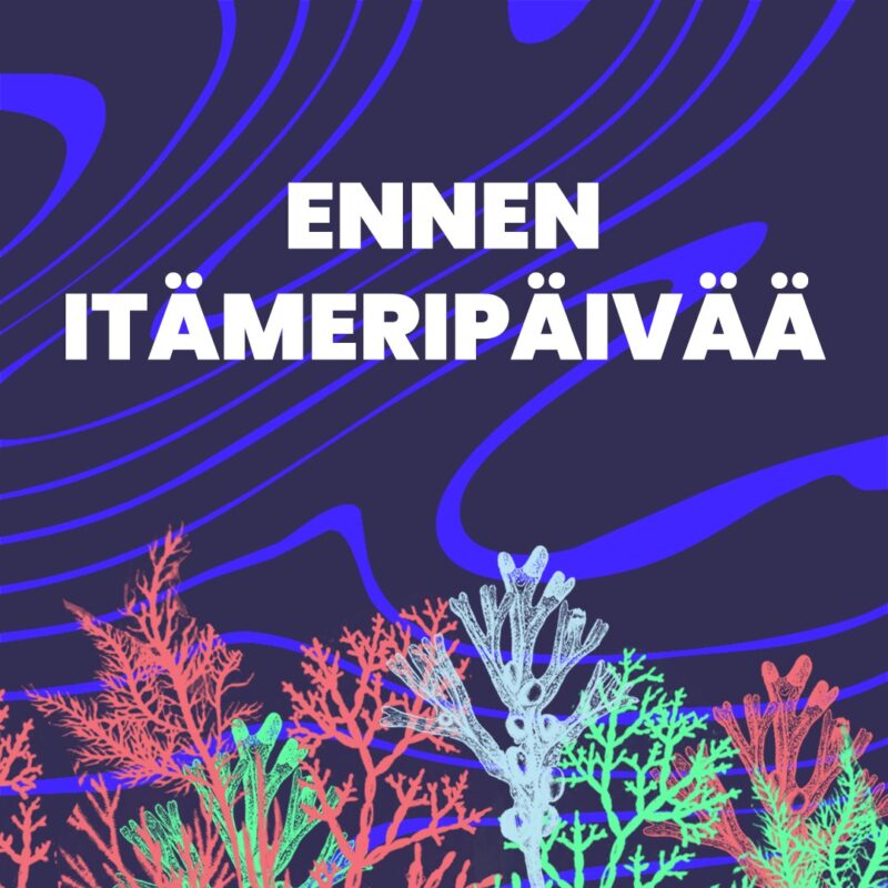 Tummansinisellä taustalla aaltoilevat vaaleansiniset viirut, keskellä iso valkoinen teksti ENNEN ITÄMERIPÄIVÄÄ ja alareunassa värikkäitä merikasveja punaisen, vihreän ja sinisen sävyissä.