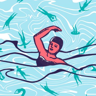 Piirroskuva uimalakkiin pukeutuneesta uimarista oikeaa kättä nostamassa uintiasennossa sinisävyisessä, aaltoilevassa vedessä, taustalla useita abstrakteja turkooseja uimari- ja hyppysiluetteja.