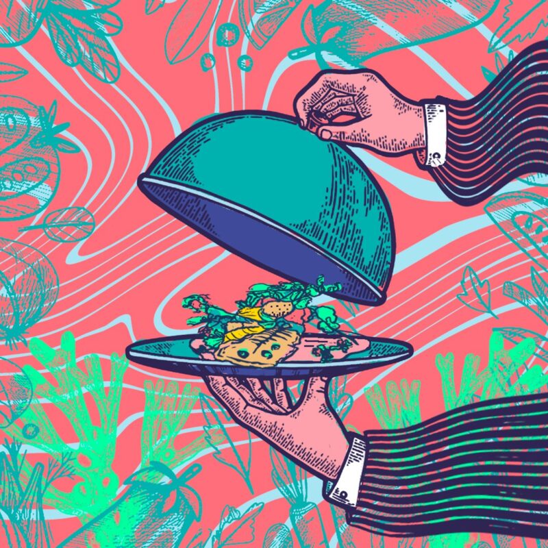 Värikäs pop-taidetyylinen piirros, jossa kädet nostavat hopeisen kuvun kannen ja paljastavat lautasella olevan kala-annoksen yrteillä, taustalla aaltoilevia viivoja ja vihreitä rakkohaurukuvioita.