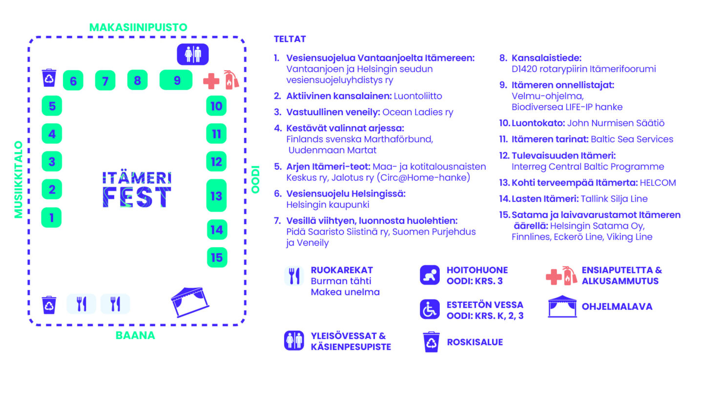 Karttakuva Itämerifestistä 2026, keskellä sinivihreä Itämeri Fest -logo, alueen reunoilla numeroituja kojuja ja telttapaikkoja (1–15), oikeassa reunassa selitys numeroille ja tapahtuma-alueen tiloille kuten lava, ruokakojut, ensiapu, info, vaatesäilytys, pyöräparkki, WC- ja inva-WC, joka sijaitsee Oodissa.