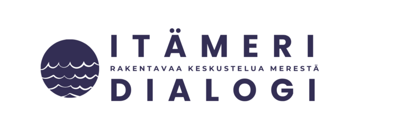 Itämeri-dialogi-logo: tummansininen ympyrä vasemmalla, oikealla iso teksti "ITÄMERI DIALOGI" ja pienemmällä tekstillä "Rakentavaa keskustelua merestä".