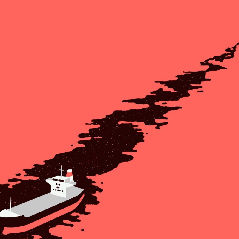 Symbolinen piirros: valkoinen tankkeri vasemmassa alakulmassa jättää taakseen pitkän mustan öljylautan, joka ulottuu kuvan poikki kirkkaan korallinpunaisella taustalla.